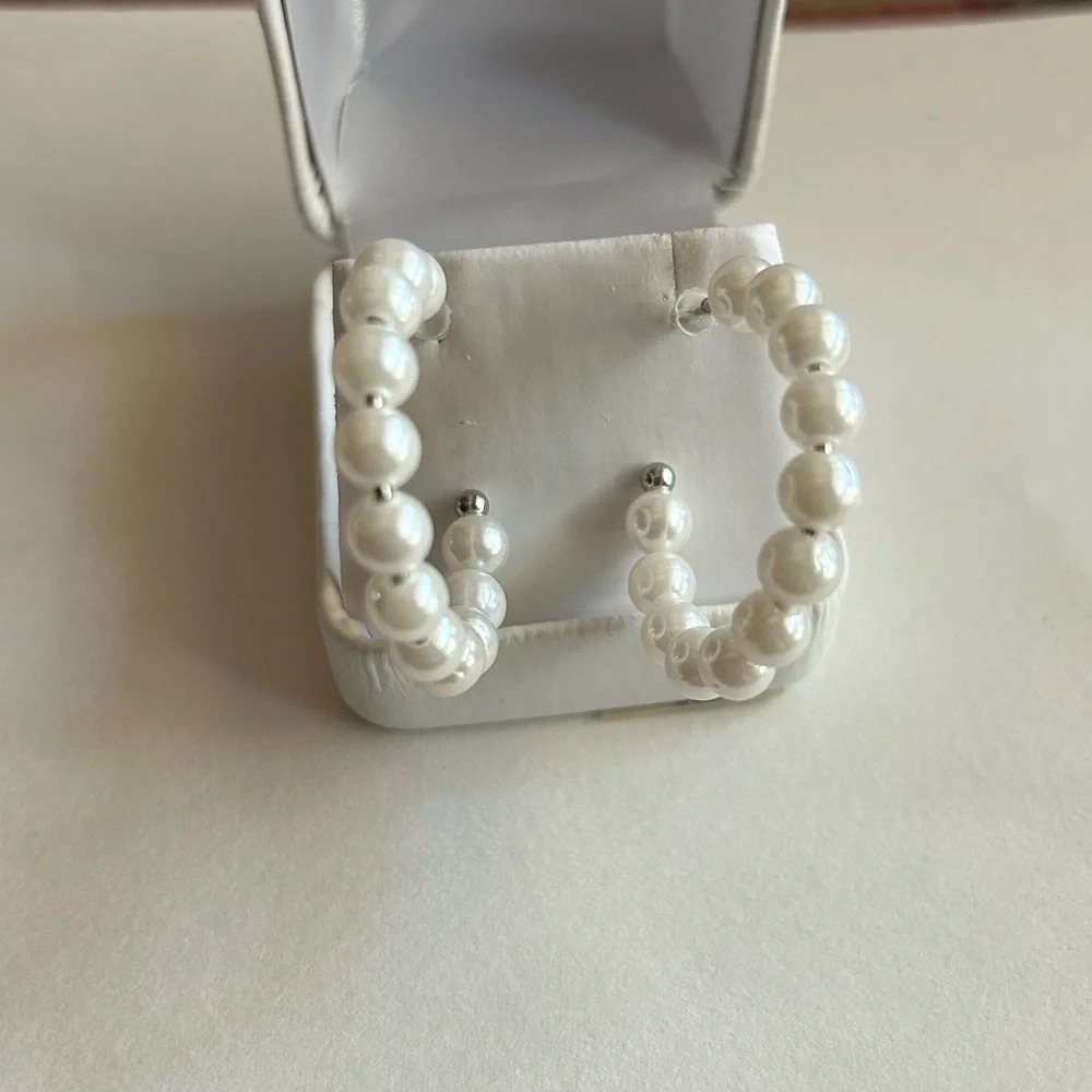 3/$20 Silver Tone White Faux-Pearl Beaded Hoop Stud Earrings 1" Pierced